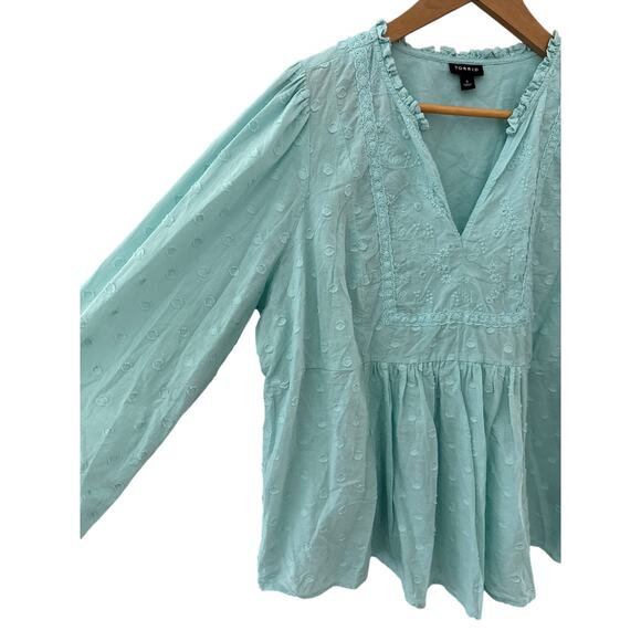 Torrid Plus Clip Dot Mixed Eyelet Yoke Peasant Top Blue Size 1X - Picture 6 of 11
